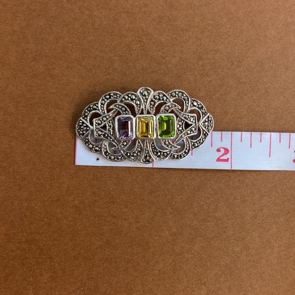 Vintage Sterling Silver Amethyst Citrine Peridot & Marcasite Brooch Pin - Picture 10 of 11